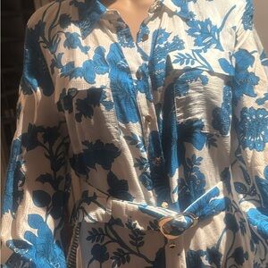 Blue and White Button Down Shirt with Floral Pattern